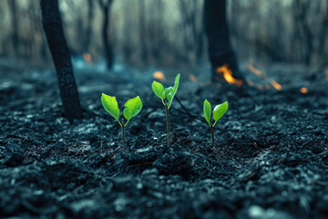 Young green saplings in a burnt forest signify hope and resilience in a recovery environment for conservation and sustainability - obrazy, fototapety, plakaty