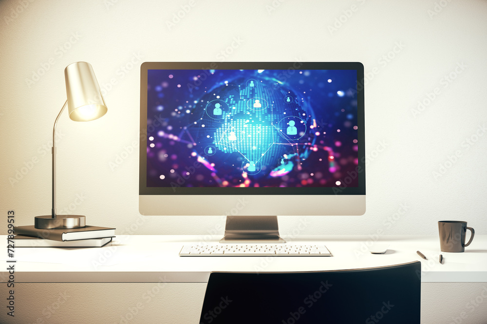 Aufkleber Social network media concept with world map on modern computer monitor. 3D Rendering