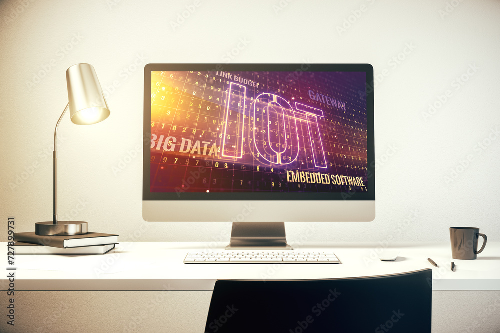 Aufkleber Modern computer monitor with creative IOT hologram, research and development concept. 3D Rendering