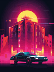 a flat illustration poster with a retro feel. Design a scene reminiscent of the 80s or 90s, featuring neon lights, retro cars, and funky architecture.