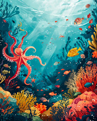 Fototapeta na wymiar Children’s Undersea Illustration. Generated Image. A digital illustration of sea creatures in the ocean near a coral reef.