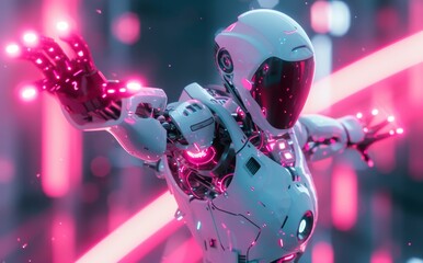 A playful anime-inspired robot with magenta lights illuminating its cartoon-like features
