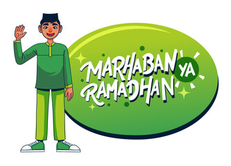 Marhaban ya Ramadhan greeting with hand lettering and muslim boy illustration