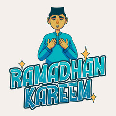 Young muslim boy praying with ramadan kareem hand lettering