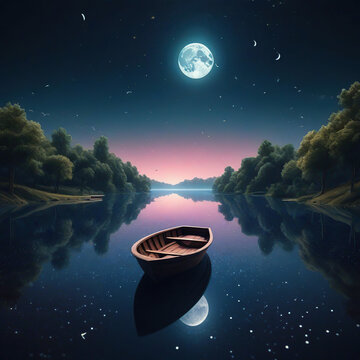Fantasy night landscape with boat on the lake and full moon in the sky