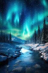 Majestic Aurora Borealis over snow-covered river landscape suitable for travel or nature-themed backgrounds