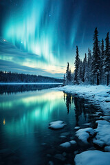 Obraz premium Winter night sky with Aurora Borealis over a serene snowy landscape reflecting in a tranquil lake - ideal for travel and tourism