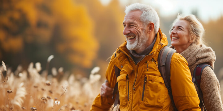 Happy elderly couple walking outdoors in spring. Autumnal hike with a happy senior couple enjoying the golden forest.