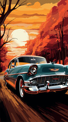 Classic auto in motion, vertical illustration for wall hanging, picturesque scene, bold and vivid color scheme - obrazy, fototapety, plakaty