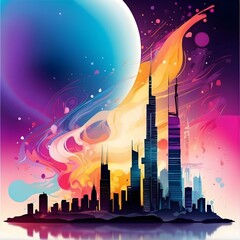 high quality, beautiful and fantastically designed silhouettes of colorful city buildings and landmarks due to gravitational waves, beautifully designed wavelengths Generative AI