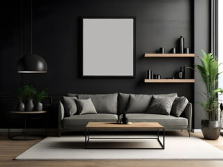 Photo frame mockup,living room wall poster mockup. Interior mocking with house background modern interior design 3d rendering black room. No text or letters.