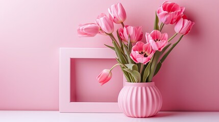 A visually appealing composition featuring an empty photo frame adorned with lovely pink tulips, providing a perfect backdrop for text.