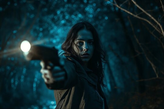 A woman with a gun in a forest, night view