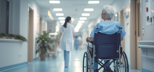 Disability. Elderly patient in a wheelchair in a hospital corridor. Old lady is sick in the clinic