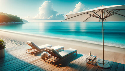 Luxurious beach resort relaxation area with sunbeds under umbrella, serene ocean view. Vacation concept. Generative AI - obrazy, fototapety, plakaty