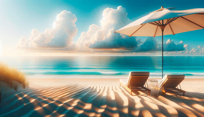 Sunset beach resort with sunbeds under umbrella, fluffy clouds over calm sea. Leisure concept. Generative AI