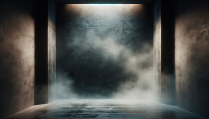 Dimly lit corridor with mist and textured walls. Mystery and exploration concept. Generative AI