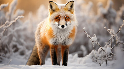 Obraz premium Winter wildlife portrait of a serene fox in its natural habitat ideal for nature magazines and animal conservation materials
