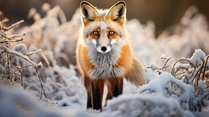 Obraz premium Winter wildlife scene with a serene fox in its natural snowy habitat perfect for nature conservation themes