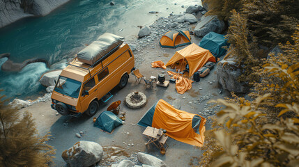 Top view of the offroad camp with modern campervan, ground tents, bbq, near mountains river