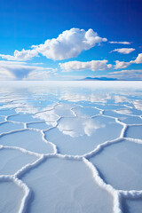 Salar de Uyuni salt flats under a clear blue sky reflecting clouds serene and vast perfect for travel and tourism related usage