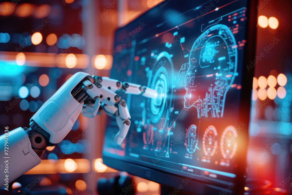 Aufkleber Hands of robot touching on big data network connection background, Digital Transformation, Science AI technology, innovation and futuristic