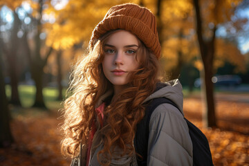 Young woman with red hair enjoying a serene autumn day in the park suitable for fashion and lifestyle themes
