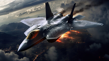 modern fifth generation combat air fighter jet in sky, advanced stealth military aircraft flying