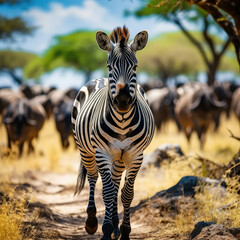 Obraz premium Zebra with a Herd of Wildebeests in African Savannah for Nature Conservation and Safari Tourism