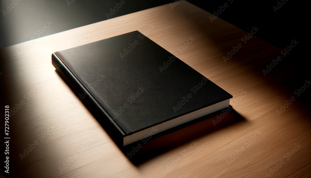 Poster Black book on a table with focused light casting soft shadows. Intimate setting. Generative AI