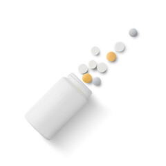 Assorted Pills and white plastic pills container on white