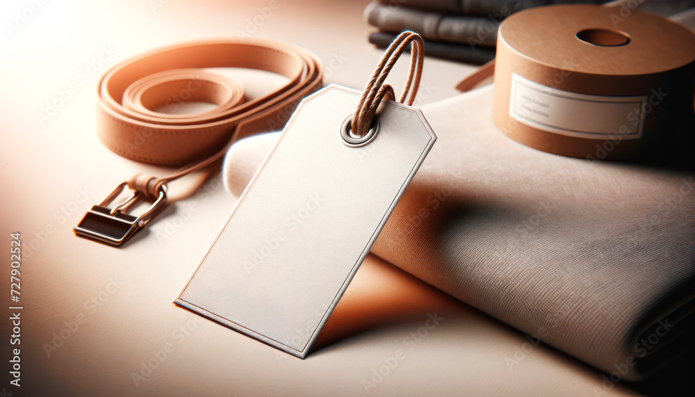 Poster label tag with a rope on a warm background, fashion and branding concept. generative ai