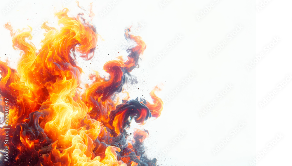 Poster vivid flames with contrasting cool and warm tones on a white background. generative ai