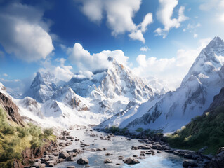 Peaceful mountain river flowing through a snowy alpine landscape. Generative AI