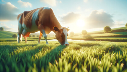 Grazing cow in a field at sunset with a warm and tranquil atmosphere. Generative AI - obrazy, fototapety, plakaty