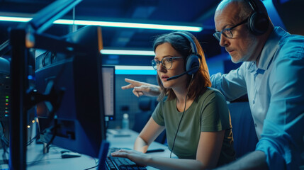 two professionals in an office setting, where a woman is seated at a computer wearing headphones