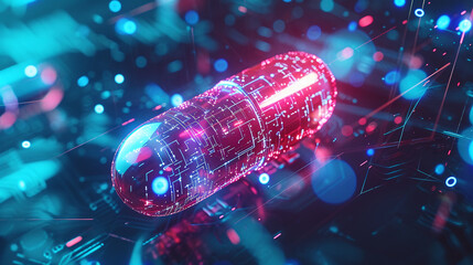 futuristic tablet or capsule with neon glow