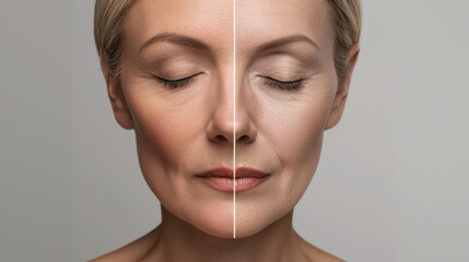 close-up of a woman's face showing a comparison between youthful skin on one side and aged skin with wrinkles on the other, against a neutral background - obrazy, fototapety, plakaty
