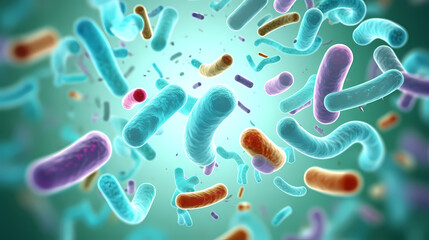 Various shapes of bacteria, probiotics under microscope, science, medicine concept background