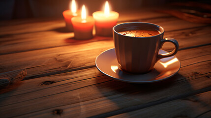 Obraz premium Next to the candles there is a fragrant cup of coffee, 