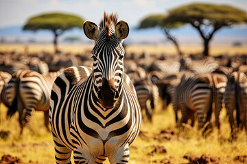 Naklejka premium Zebras in the African savanna a serene wildlife scene for nature conservation and travel industries