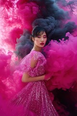 Mysterious woman in sparkling pink dress surrounded by vibrant pink and purple smoke