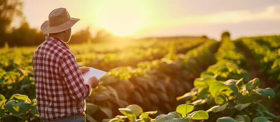 rural farmer analyzing the health of soybeans in a field on a summer day - obrazy, fototapety, plakaty
