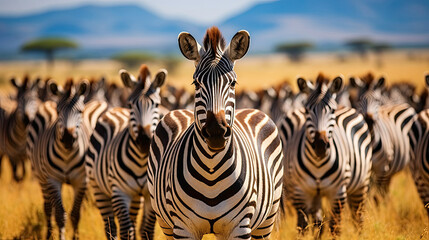 Fototapeta na wymiar Herd of zebras in African savanna evoking wildlife beauty and safari adventure