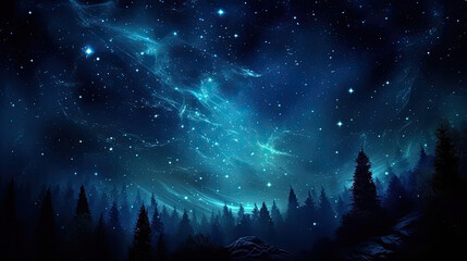 Serene night sky with a galaxy above tranquil pine forest perfect for backgrounds in fantasy or science fiction themes