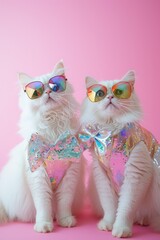 Two elegant white cats wearing colorful sunglasses and glittery bowties on a pink backdrop - obrazy, fototapety, plakaty