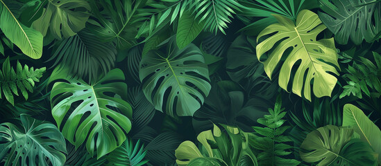 Abstract foliage and botanical background. Green tropical forest wallpaper of monstera leaves, palm leaves, branches, hand drawn.