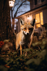 Urban fox in a residential area during twilight offers visual storytelling for nature and wildlife themes