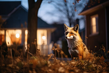 Fox in suburban twilight capturing urban wildlife and the serene atmosphere of nature's adaptation to a residential area
