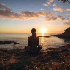 Fototapeta premium Young woman meditating on the beach at sunset promoting health wellness and travel